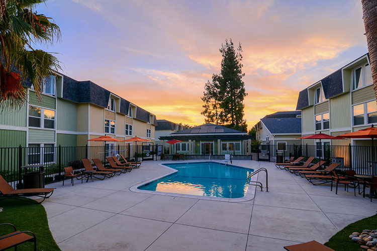 Pool area at dusk